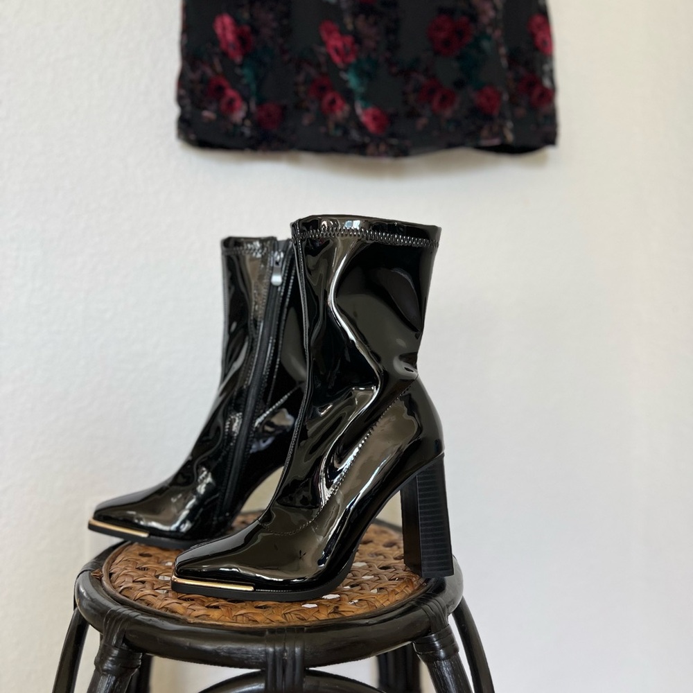 Patent Leather Ankle Booties with Gold Accent